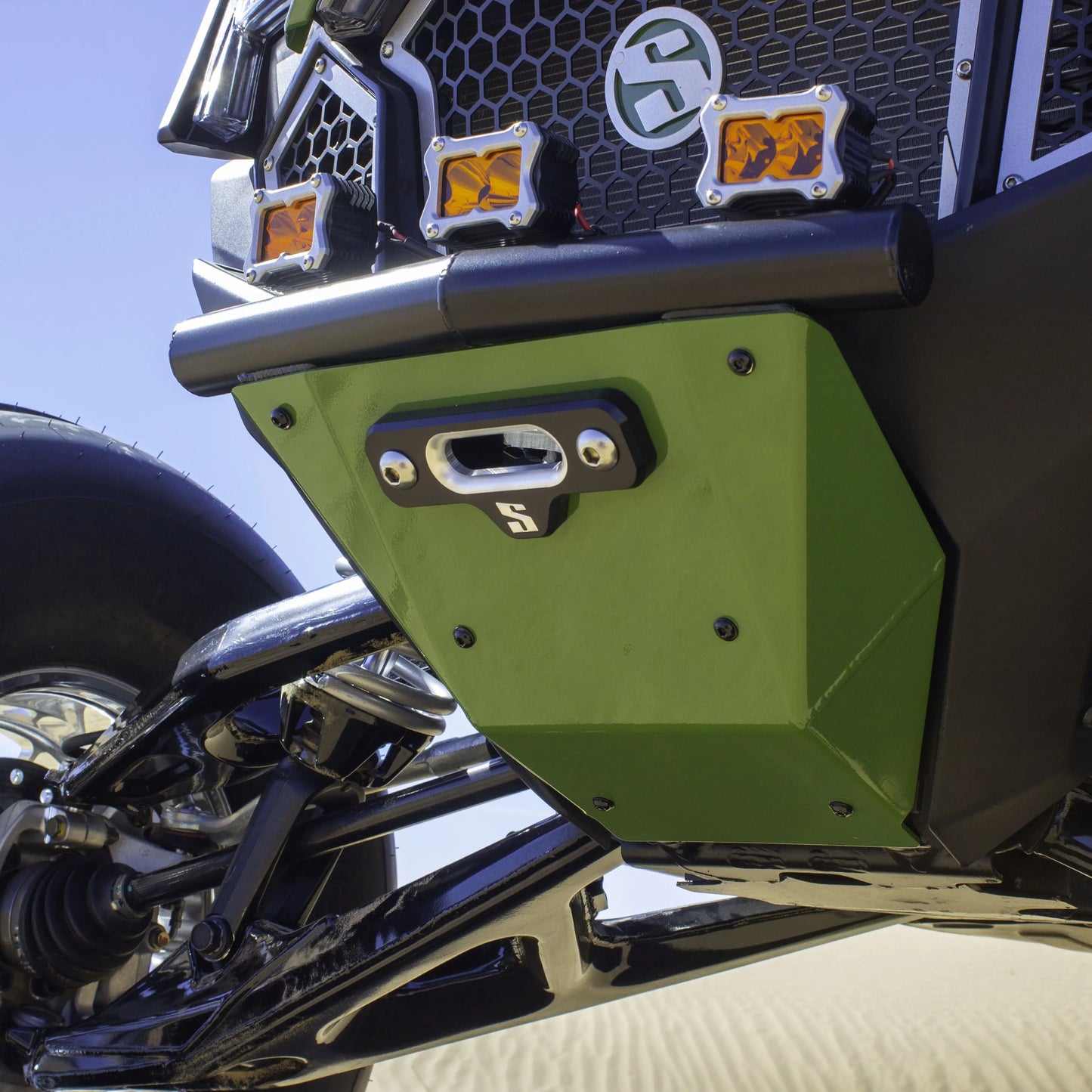 Polaris RZR Pro R/Pro S/Turbo R Single Tube Front Bumper with Winch Mount Green Skid Plate